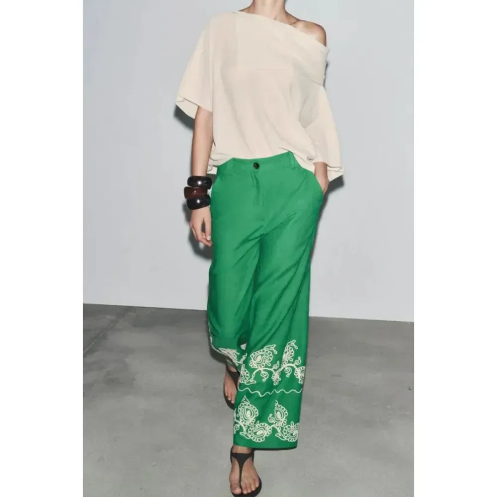 Zara Green White Linen-Blend Embroidered Flat Front Wide Leg Pants (NWT)